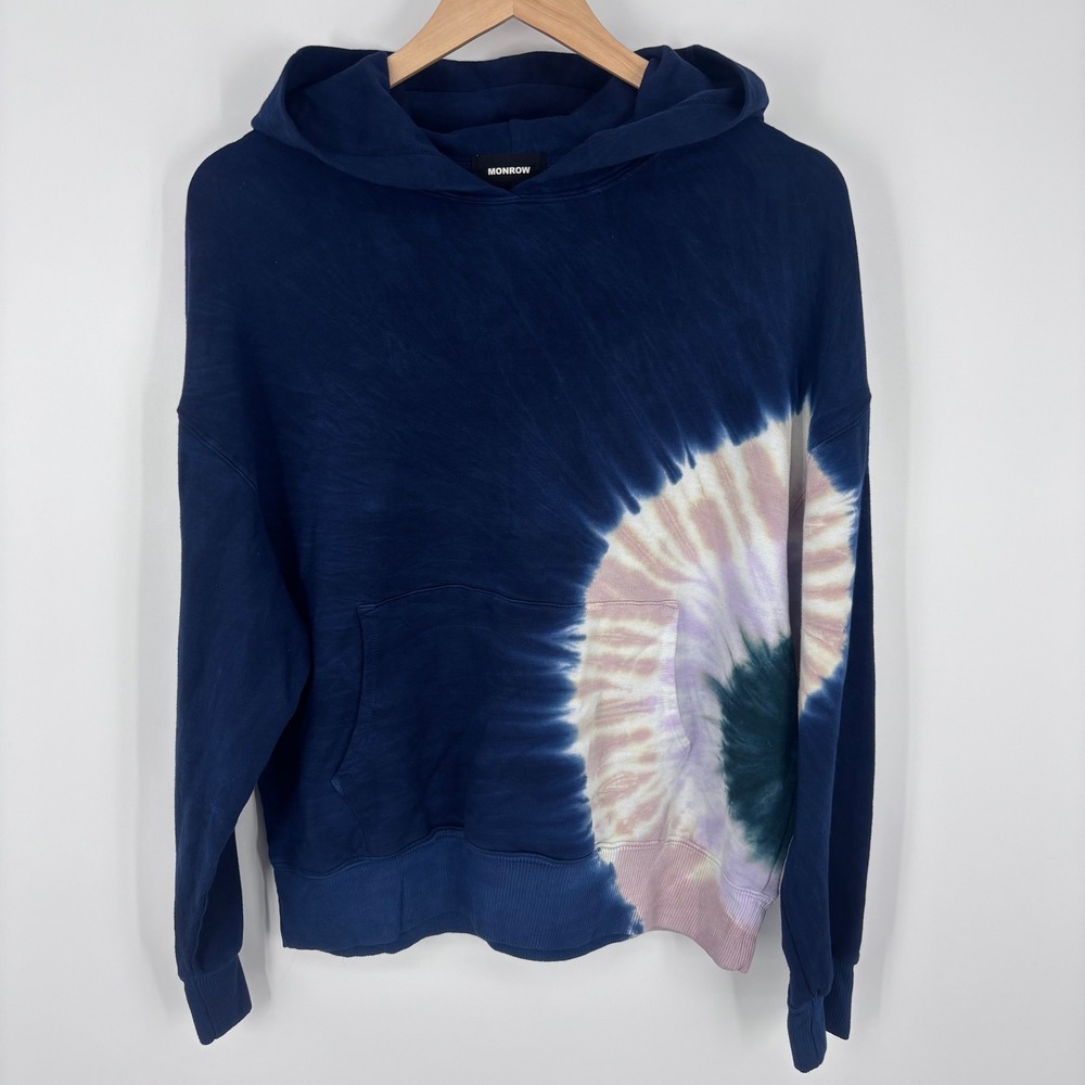 MONROW Hoodie Womens Small Navy Blue Tie Dye Spiral Fleece Pullover Streetwear